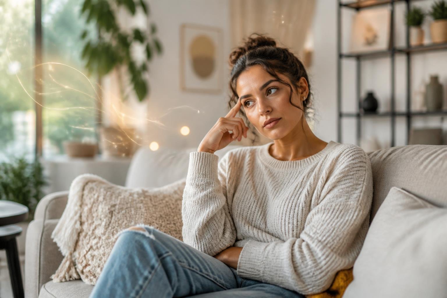 A young adult sitting thoughtfully on a sofa in a bright living room, appearing reflective and calm.