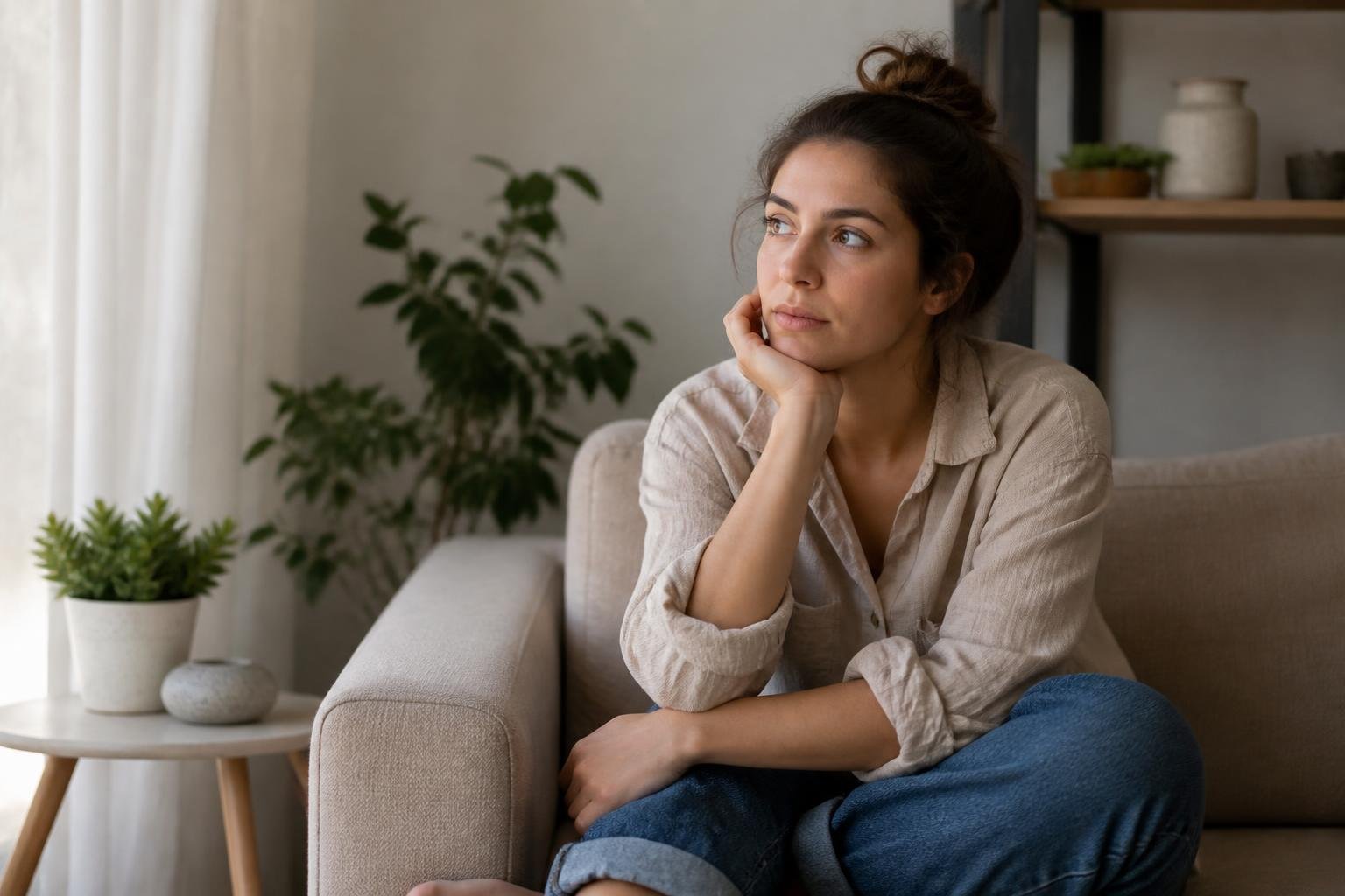 A young adult sitting thoughtfully in a cozy living room with soft natural light and neutral decor.