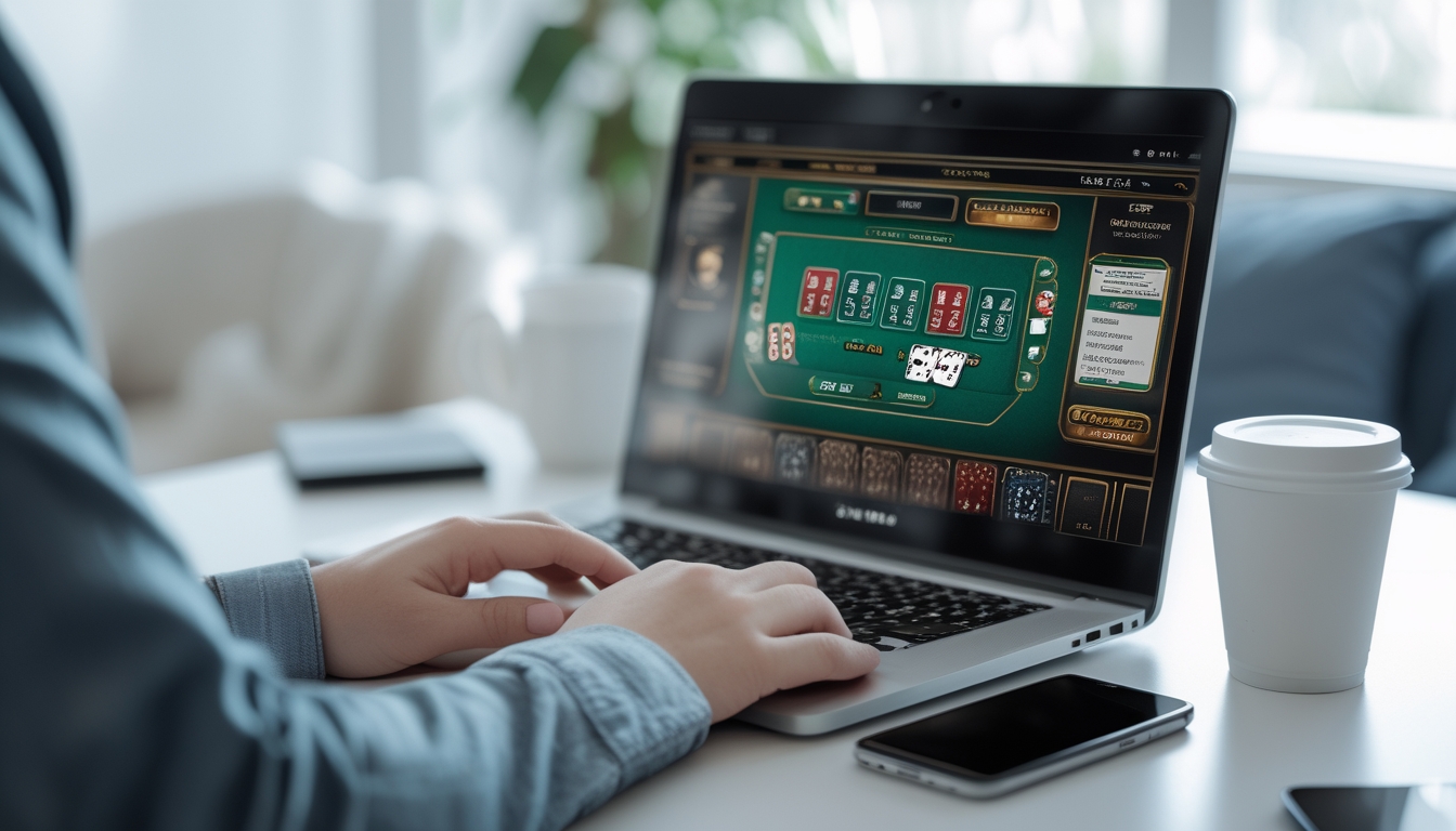 Seorang pemula sedang belajar strategi blackjack online menggunakan laptop di meja dengan catatan dan alat tulis di dekatnya.