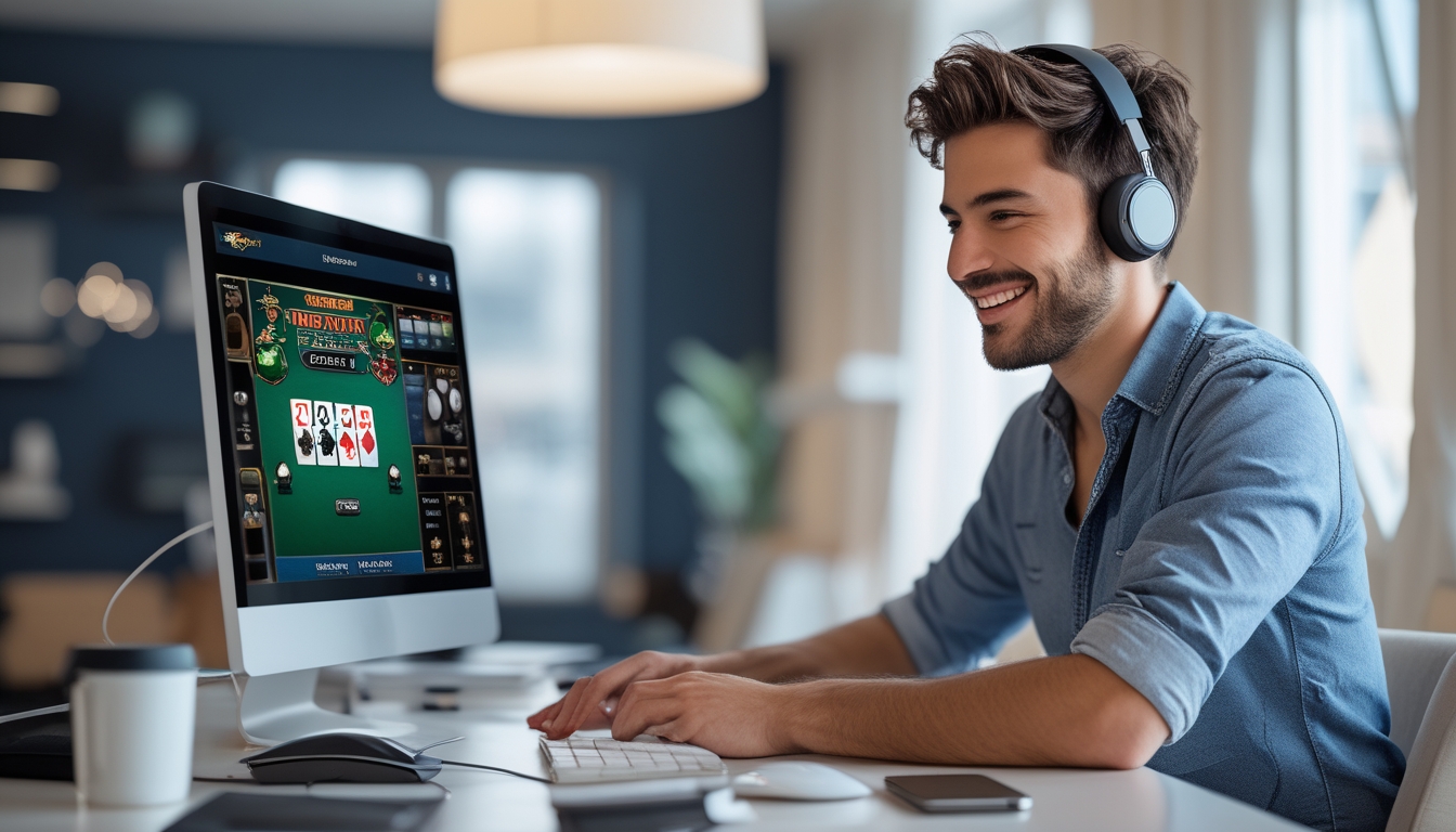 Seorang pemuda sedang bermain blackjack online di komputer di ruang tamu yang rapi dan terang.
