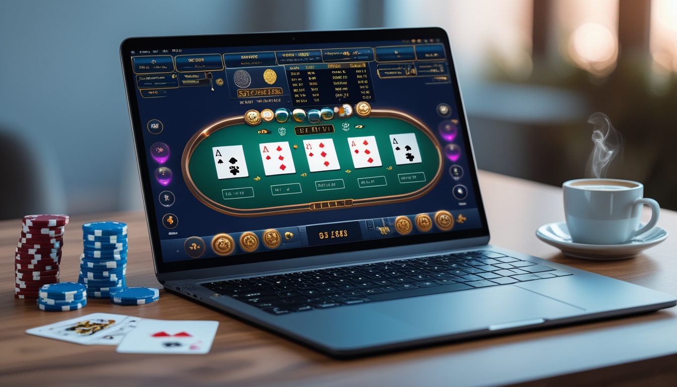 Seseorang bermain blackjack online menggunakan laptop di meja kayu dengan chip poker dan kartu bermain di sekitarnya.
