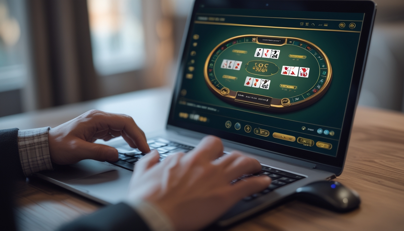 Seseorang sedang bermain blackjack online di depan layar komputer dengan kartu dan chip terlihat jelas.