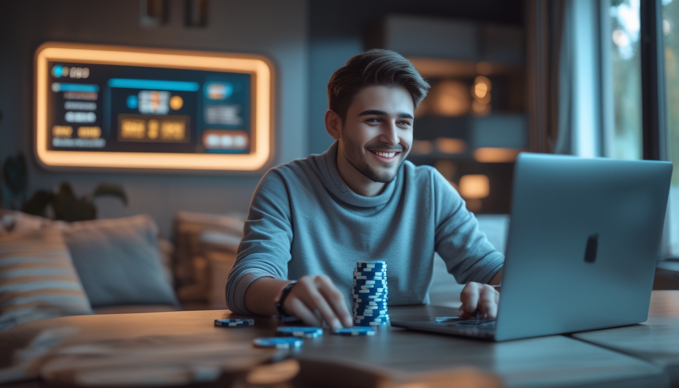 Seorang dewasa muda tersenyum sambil bermain blackjack online di laptop di dalam ruangan yang nyaman.