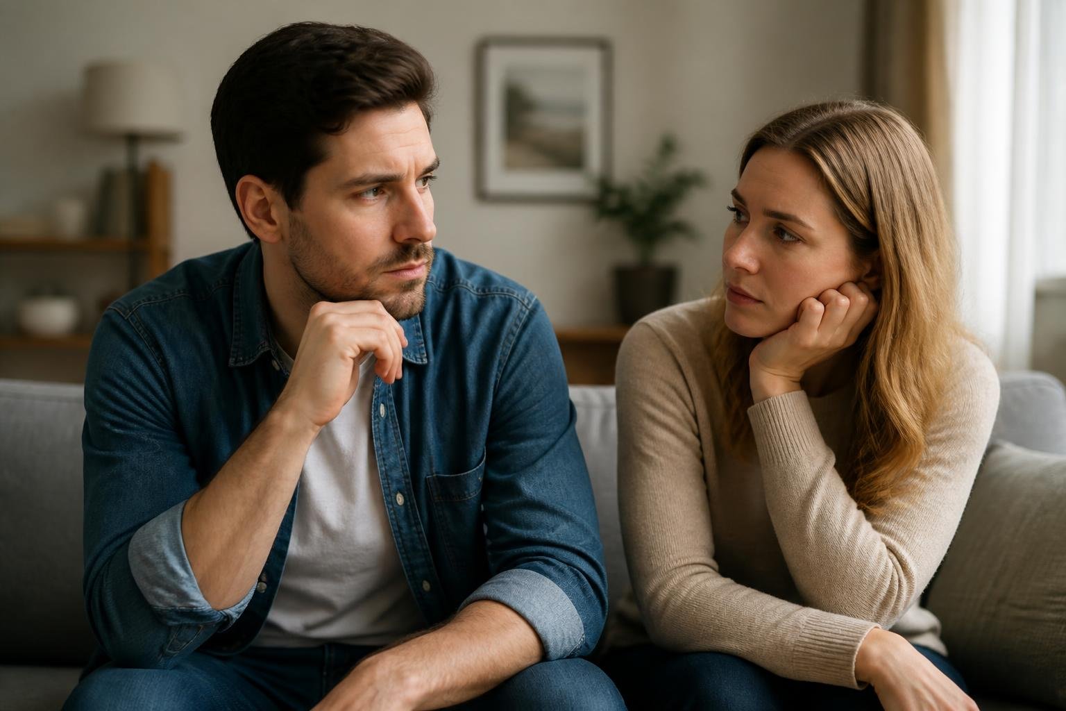 A couple sitting on a couch looking concerned and emotionally distant from each other in a cozy living room.