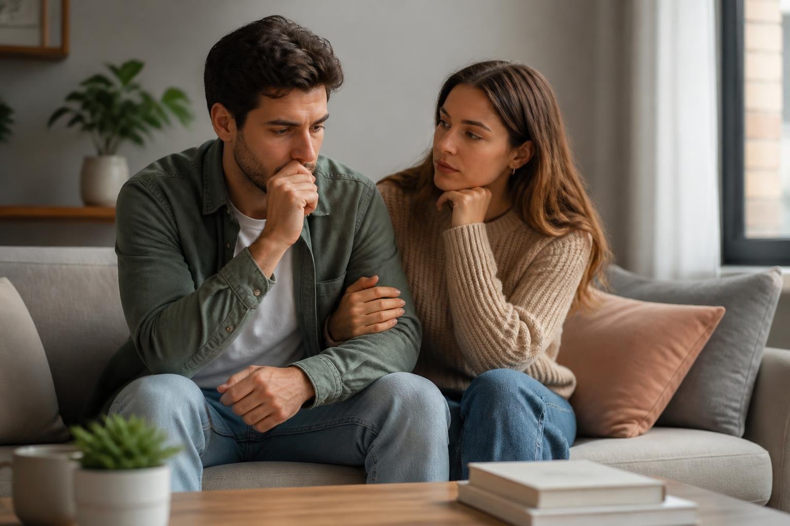 A young adult couple sitting closely on a couch, looking thoughtful and emotionally distant from each other in a softly lit living room.