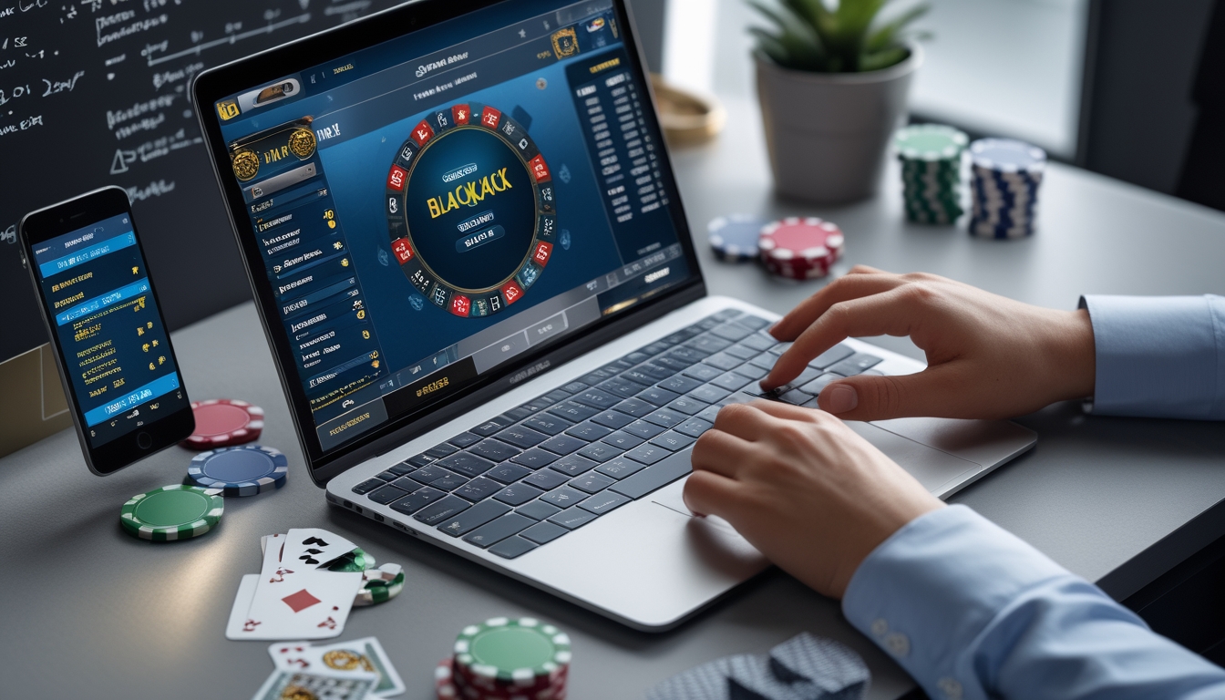 Seseorang menggunakan laptop dengan permainan blackjack online, dikelilingi chip poker dan kartu remi di meja kerja.