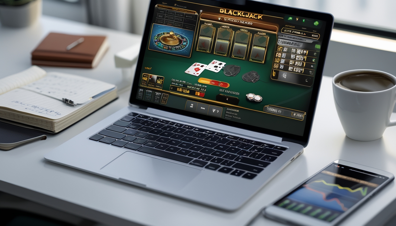 Sebuah laptop menampilkan permainan blackjack online dengan kartu dan chip, dikelilingi oleh buku catatan, pena, dan ponsel yang menunjukkan grafik statistik di meja kerja yang terang.