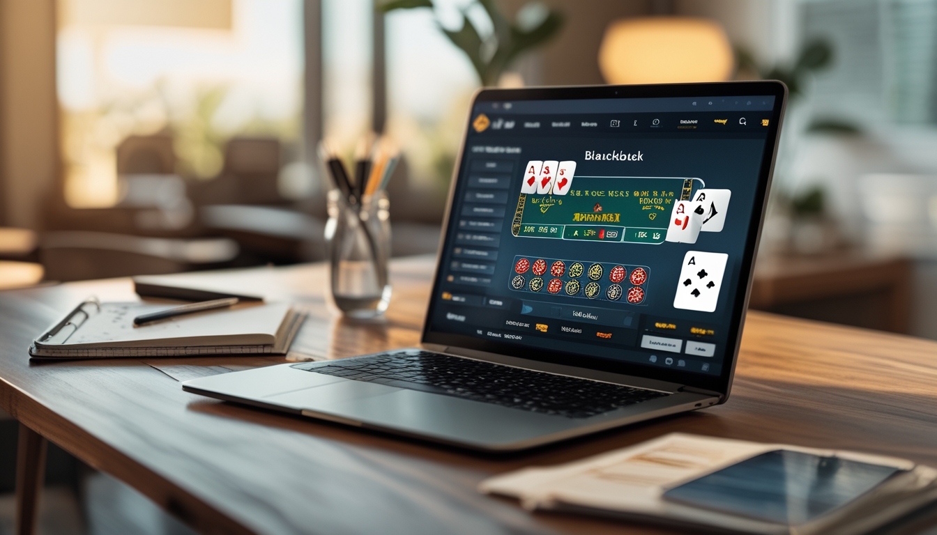 Seorang pemula sedang belajar bermain blackjack online menggunakan laptop dengan kartu dan chip di layar, di meja terdapat buku catatan dan ponsel sebagai panduan strategi.