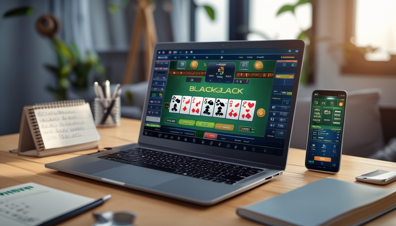 Sebuah meja kerja dengan laptop menampilkan permainan blackjack online, dilengkapi dengan catatan dan ponsel di sekitarnya.