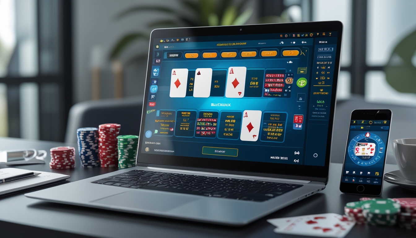 Seorang pemain blackjack online menggunakan laptop dengan kartu dan chip poker di meja, di ruang kerja yang terang dan rapi.