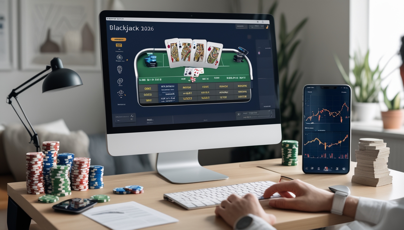 Seorang pria sedang bermain blackjack online di komputer dengan tumpukan chip dan grafik keuntungan di meja dalam ruangan kantor rumah yang modern.