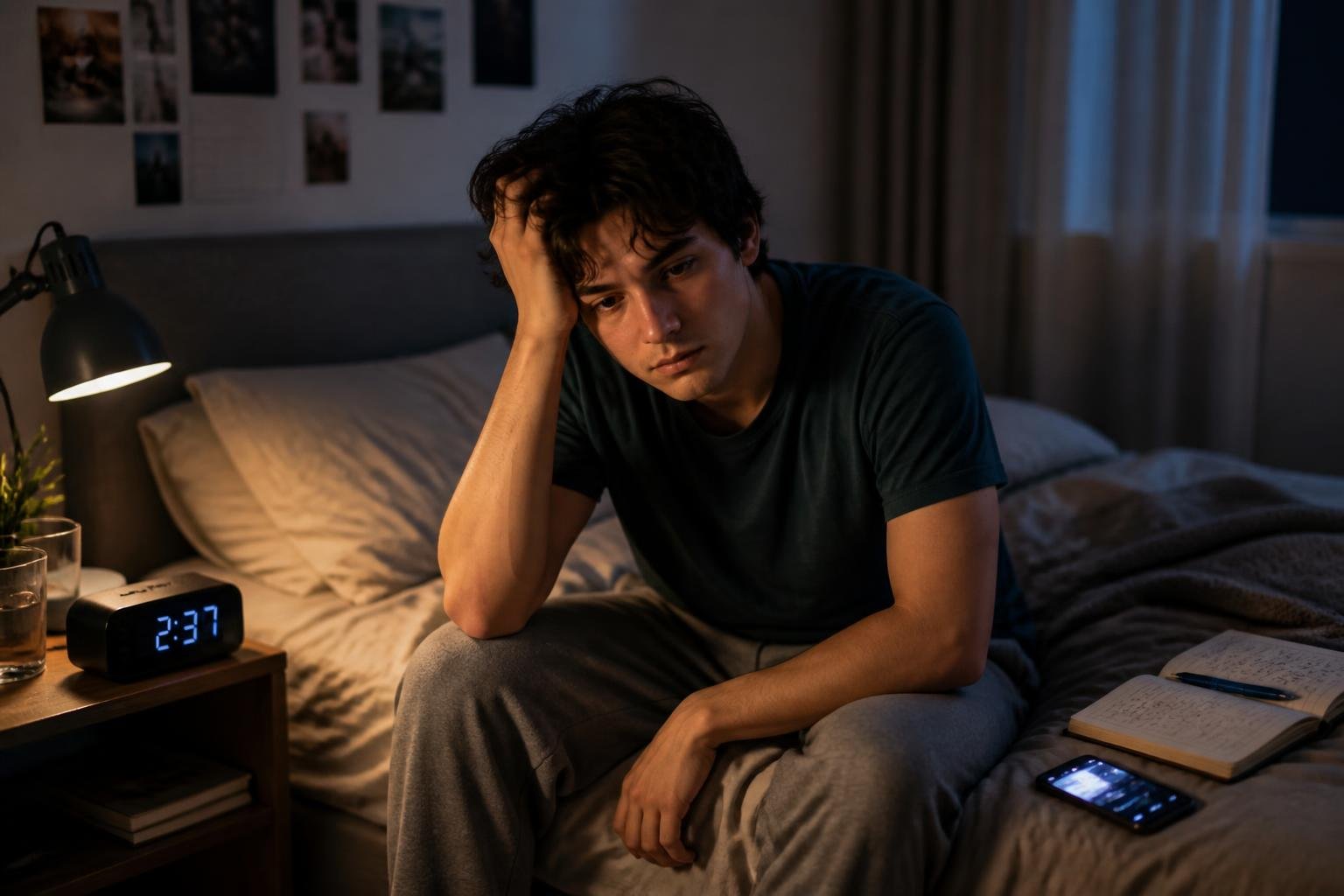 A young adult sitting on a bed at night, looking tired and restless with a thoughtful expression in a softly lit bedroom.