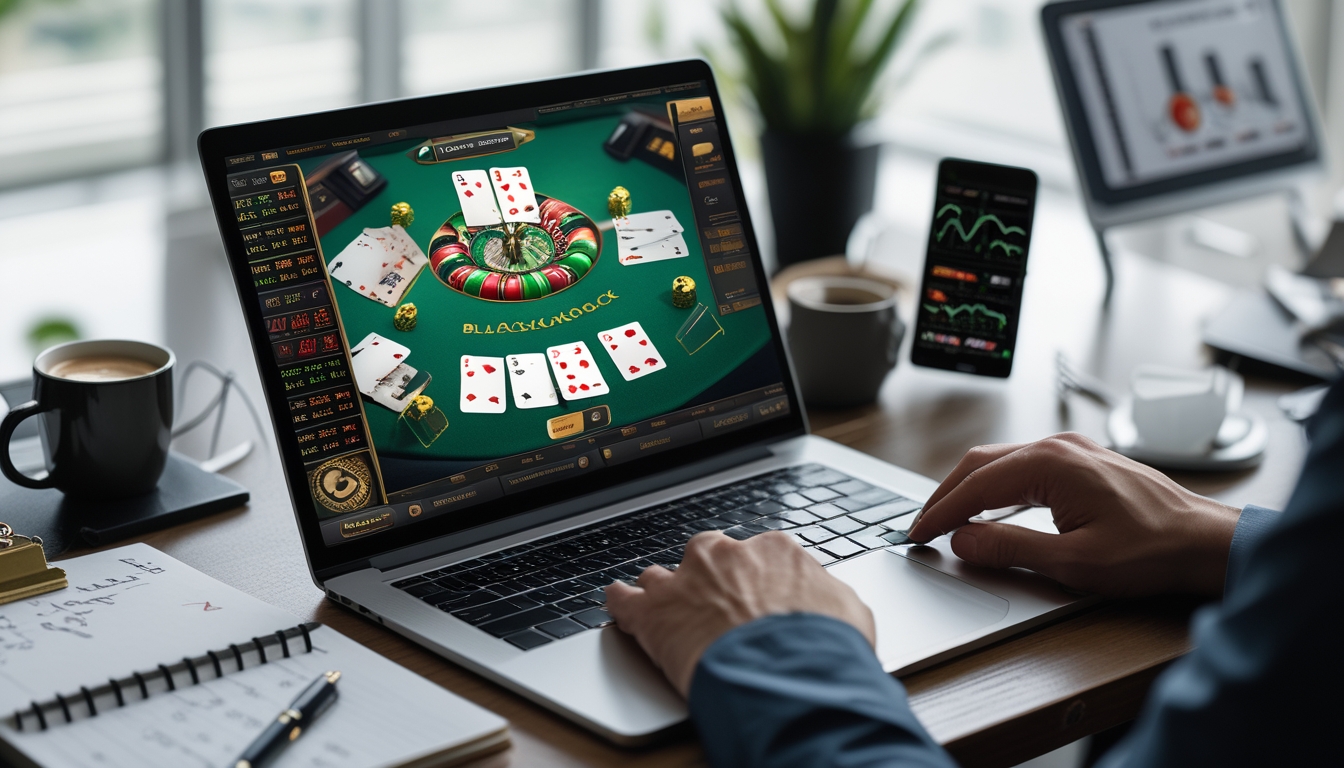 Seorang pemain sedang menggunakan laptop dengan permainan blackjack online di layar, dikelilingi oleh alat tulis dan ponsel yang menampilkan data, di meja kerja yang rapi.
