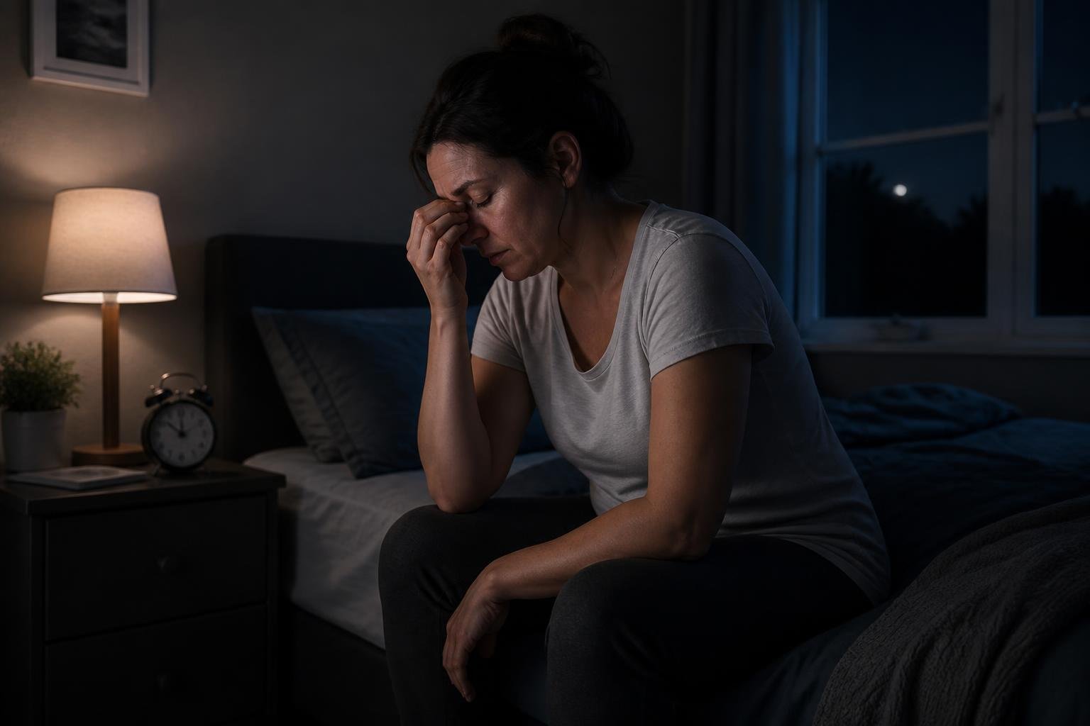 A tired adult woman sitting on the edge of a bed at night, rubbing her eyes in a dimly lit bedroom.