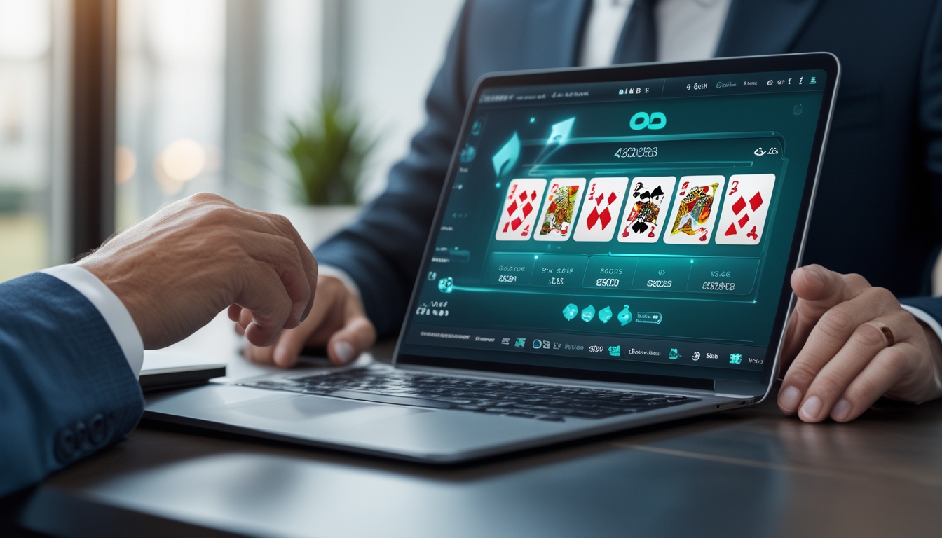 Seseorang sedang fokus bermain blackjack online menggunakan laptop di dalam ruangan yang terang.