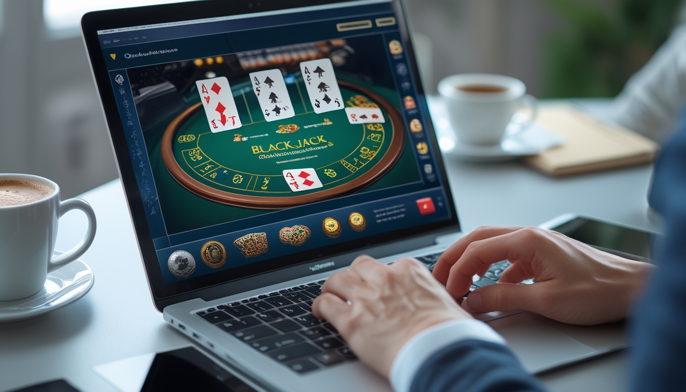 Seseorang sedang bermain blackjack online di depan layar komputer dengan kartu permainan terlihat jelas.