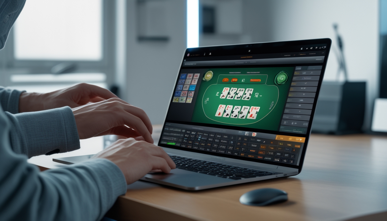 Seseorang sedang bermain blackjack online dengan laptop di meja kerja yang modern dan terang.