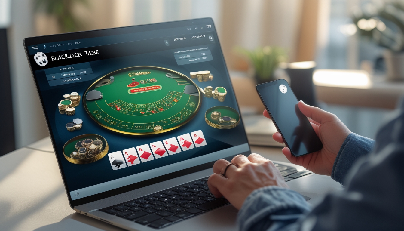 Seseorang bermain blackjack online menggunakan laptop dan smartphone di meja kerja dengan suasana rumah yang nyaman.
