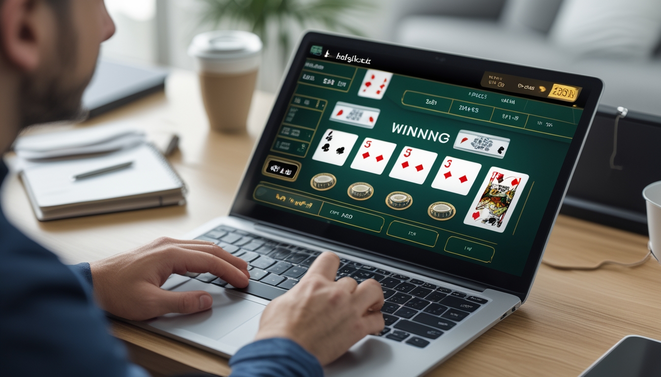Seseorang menggunakan laptop untuk belajar teknik mudah menang blackjack online di meja kerja yang rapi.