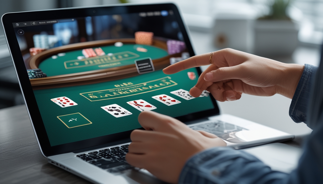 Seseorang sedang belajar bermain blackjack online menggunakan laptop di lingkungan rumah yang nyaman.