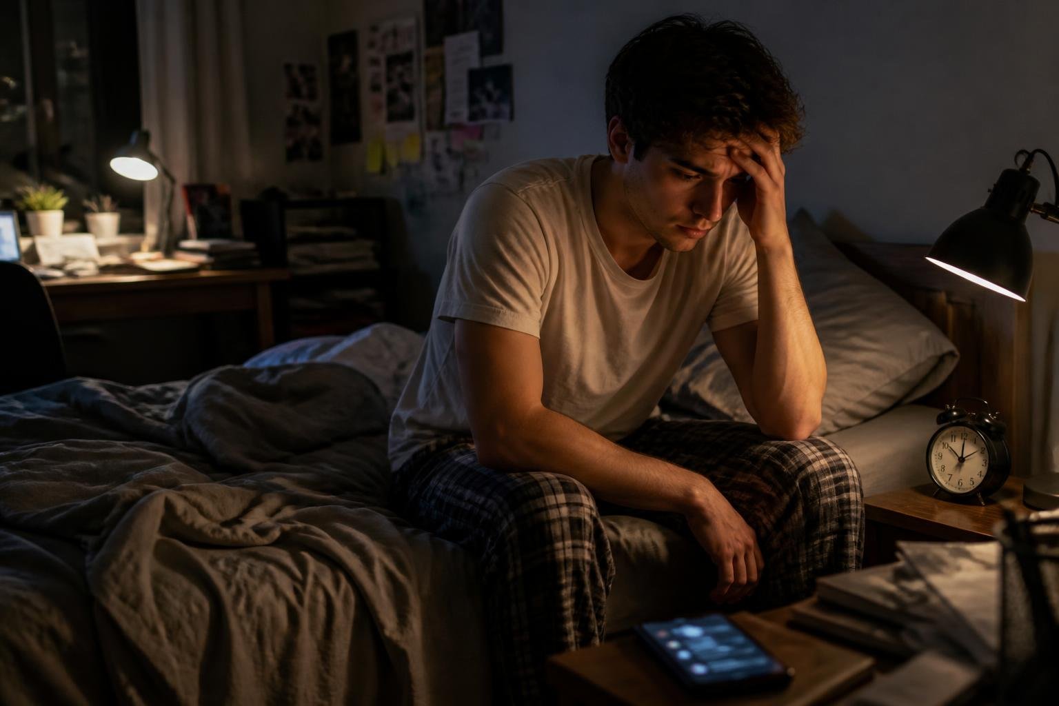 A young adult sitting on the edge of a bed at night, looking thoughtful and restless in a softly lit bedroom with a cluttered desk and a clock showing late hours.