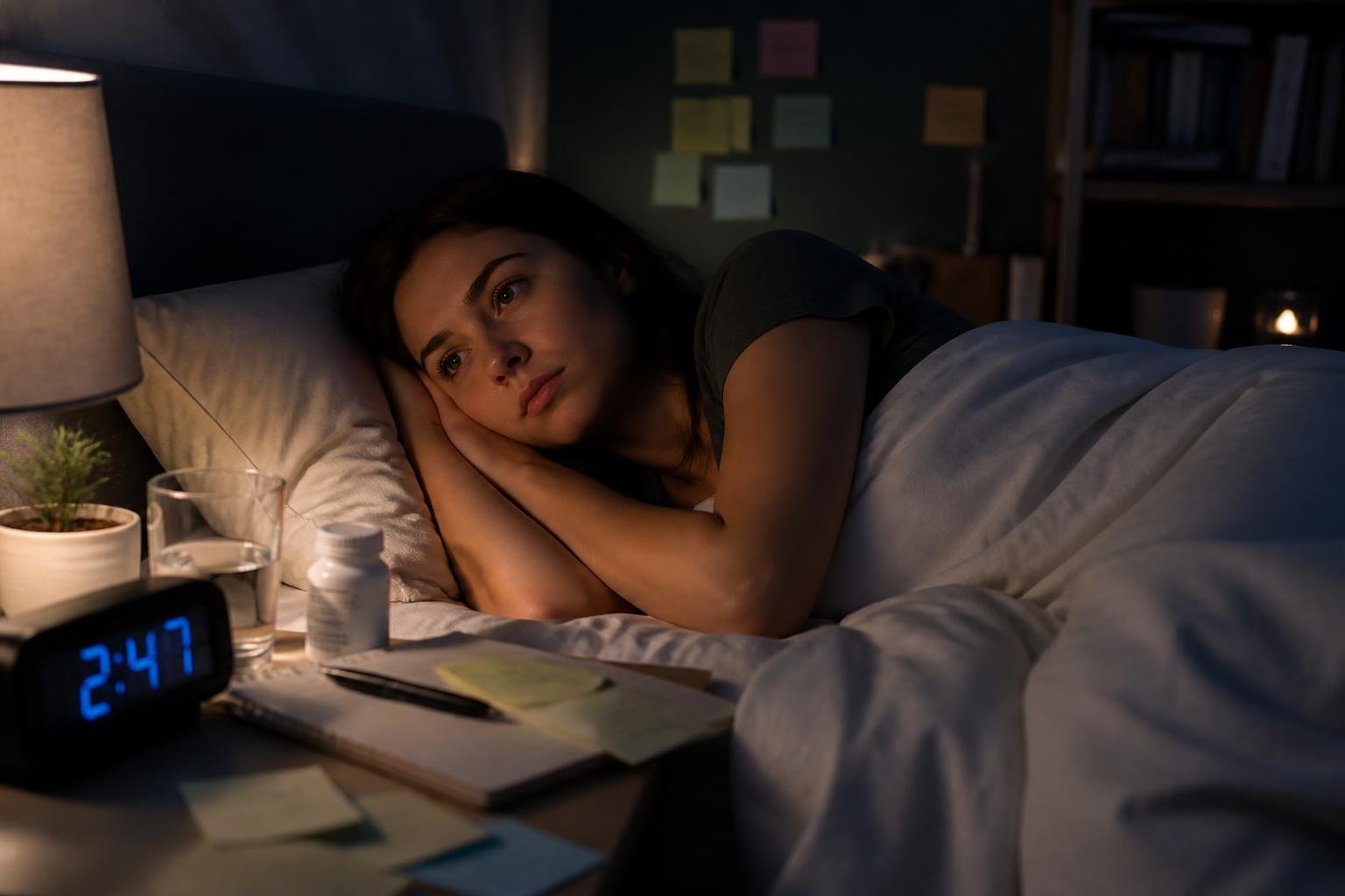 A young adult lying awake in bed at night, looking thoughtful in a softly lit bedroom with a digital clock and items on the nightstand.