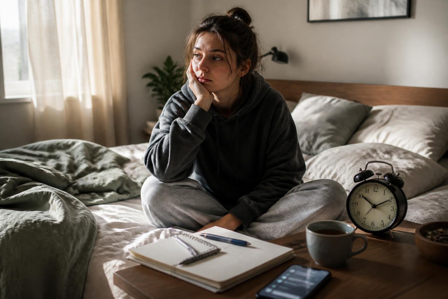 A young adult sitting on an unmade bed in a softly lit bedroom, looking tired and contemplative with a clock, notebook, smartphone, and cup on a bedside table nearby.