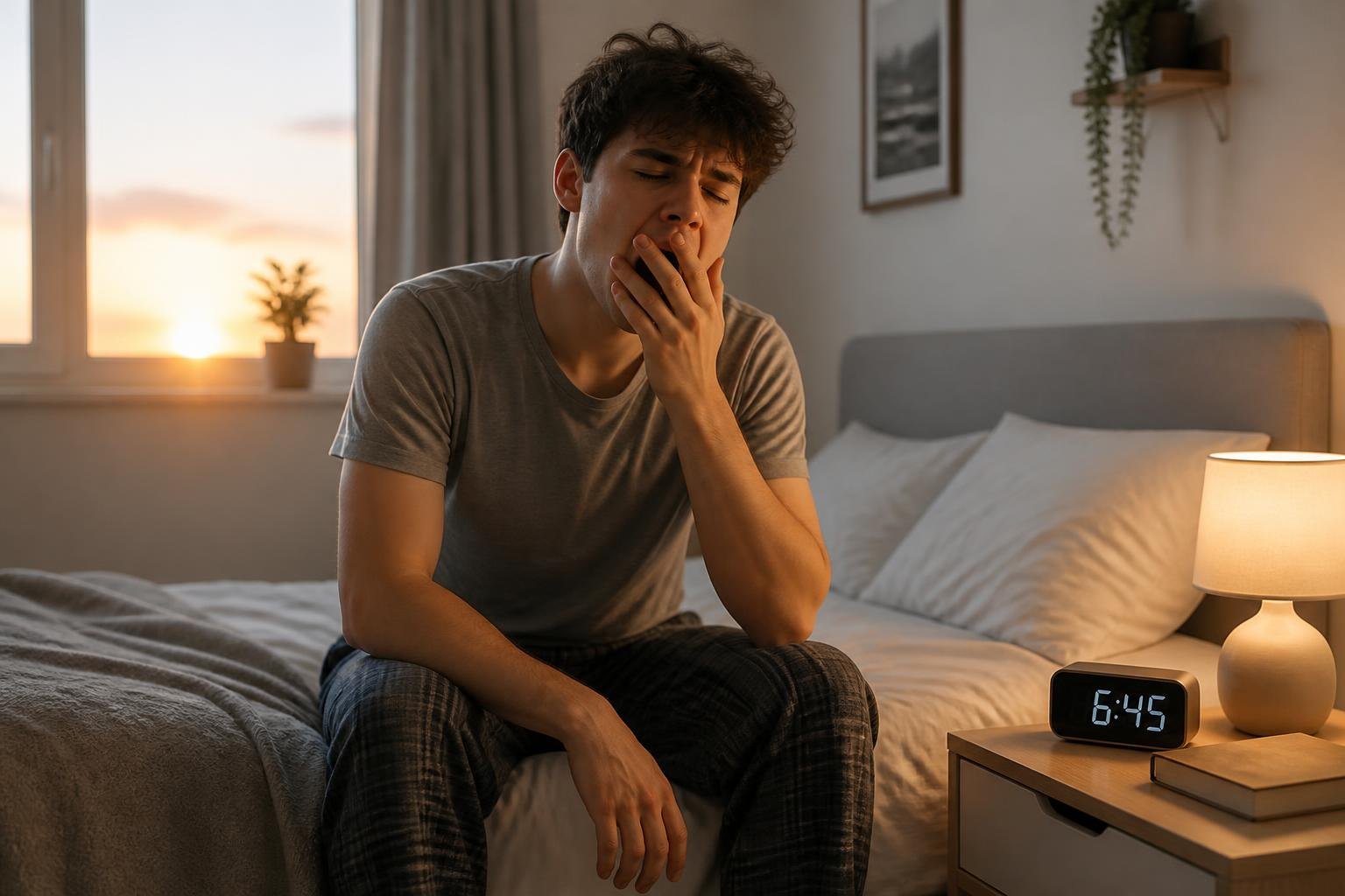 A young adult sitting on the edge of a bed, looking tired and sleepy in a softly lit bedroom.