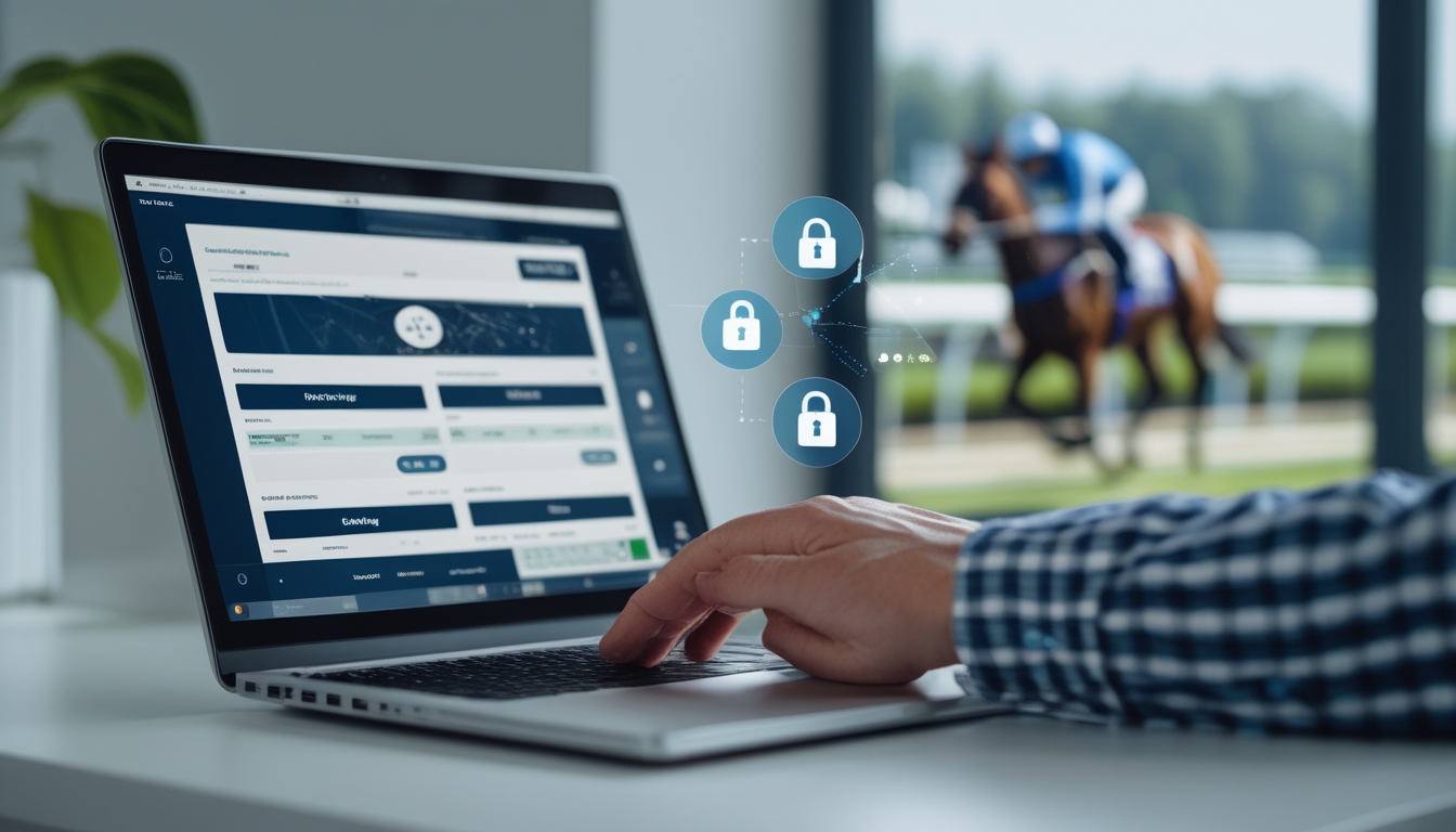 Seorang pengguna sedang menggunakan laptop dengan tampilan platform balap kuda online yang aman dan terpercaya, dengan latar belakang balapan kuda yang sedang berlangsung.