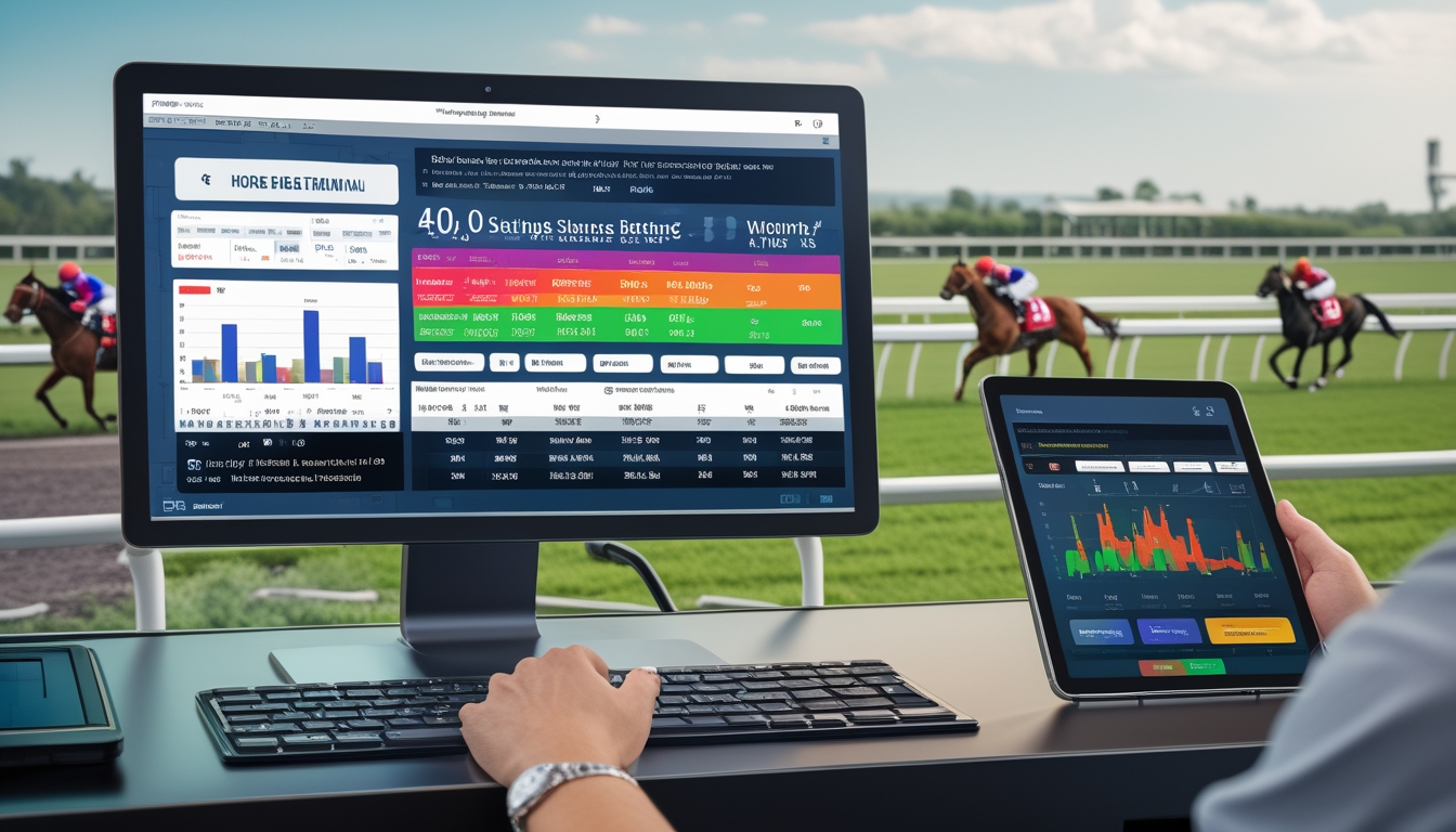 Suasana balap kuda dengan terminal taruhan digital dan kuda-kuda berlari di lintasan balap di latar belakang.