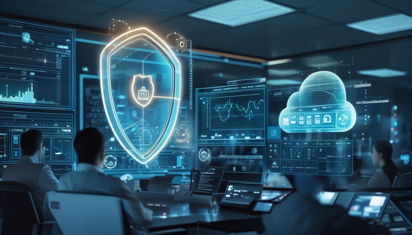 Tim ahli keamanan data sedang memantau sistem keamanan digital di ruang kontrol berteknologi tinggi.