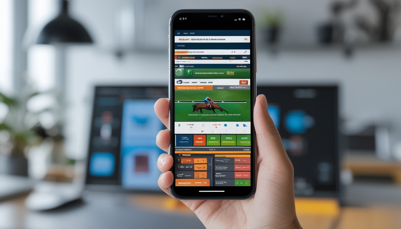 Seseorang memegang ponsel dengan tampilan platform taruhan balap kuda online yang aman dan mudah diakses.