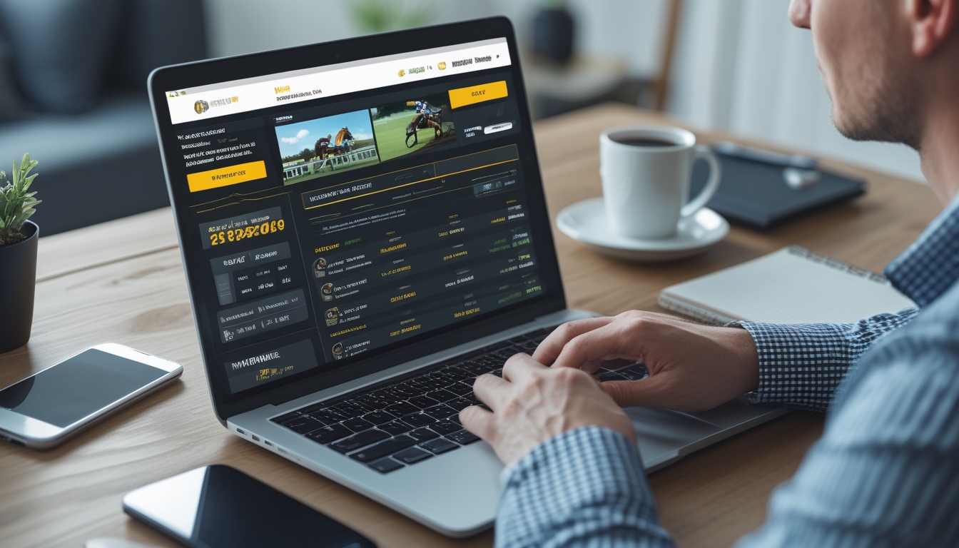 Seseorang menggunakan laptop di ruang kerja modern dengan tampilan platform balap kuda online di layar.