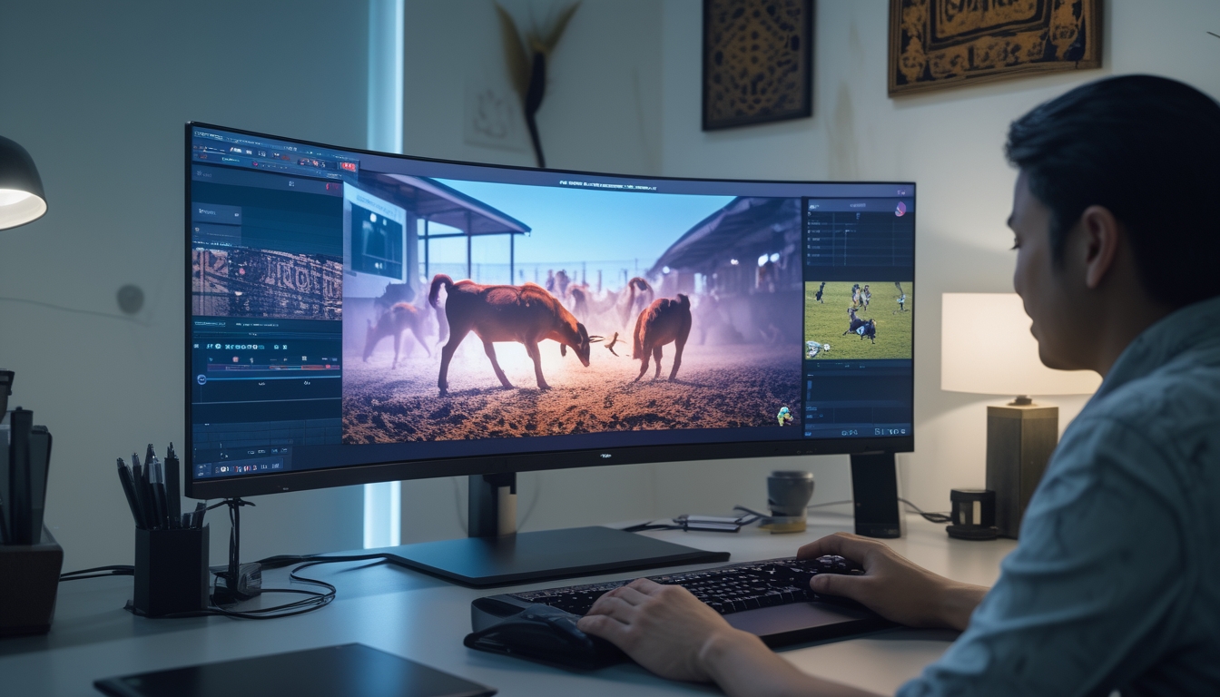 Sebuah ruang kerja modern dengan monitor menampilkan siaran langsung pertandingan sabung ayam online, tangan seseorang menggunakan mouse dan keyboard di meja yang rapi.