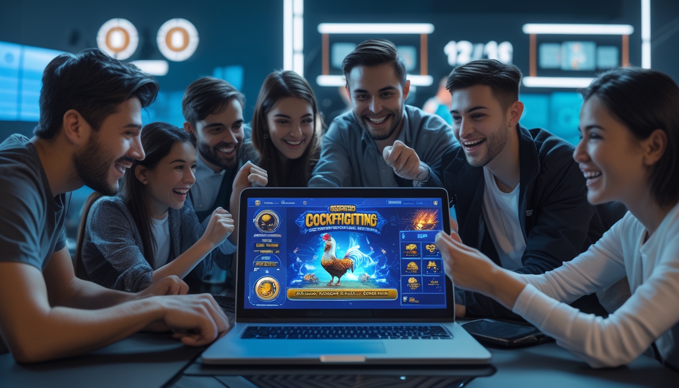 Beberapa orang muda sedang bermain permainan sabung ayam online di depan laptop dalam suasana ruangan modern.