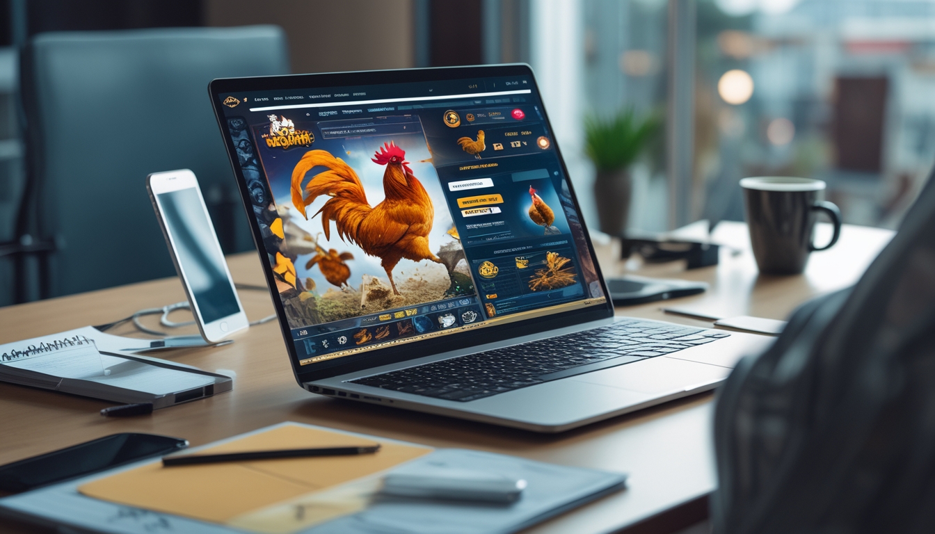Seorang pengguna duduk di depan laptop dengan tampilan situs sabung ayam online, dikelilingi oleh ponsel, kopi, dan catatan di meja kerja yang rapi.