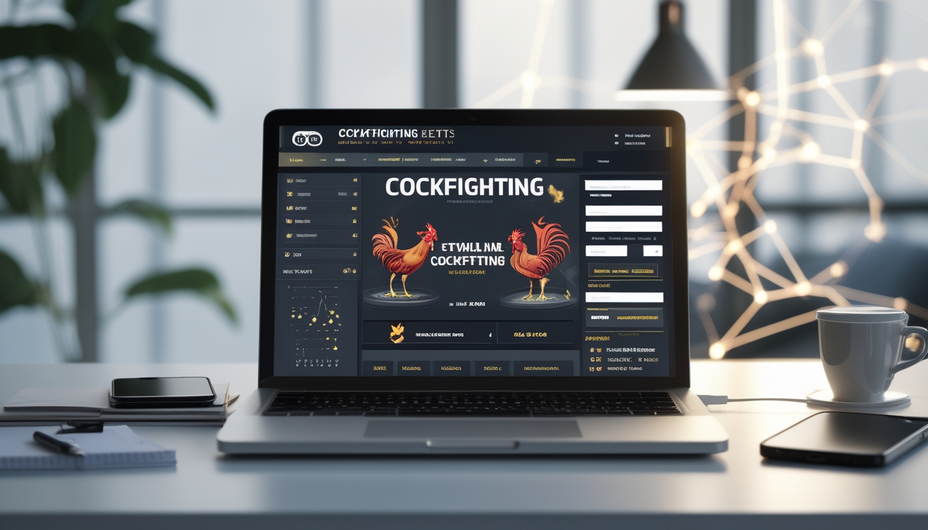 Sebuah ruang kerja modern dengan laptop yang menampilkan antarmuka situs web sabung ayam online dan perangkat pendukung di sekitarnya.