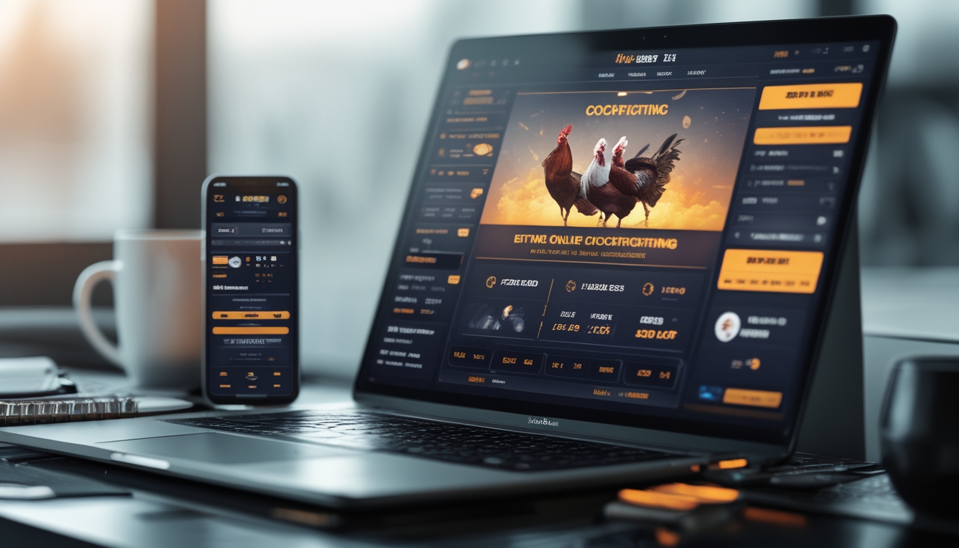 Orang menggunakan laptop dengan layar menampilkan platform sabung ayam online, di meja terdapat ponsel dan cangkir kopi.