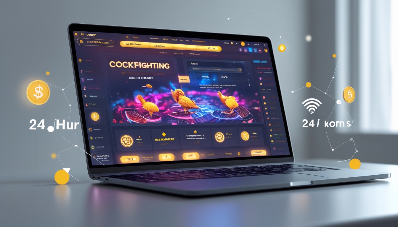 Sebuah komputer menampilkan antarmuka platform sabung ayam online dengan ikon koneksi dan simbol bonus besar.