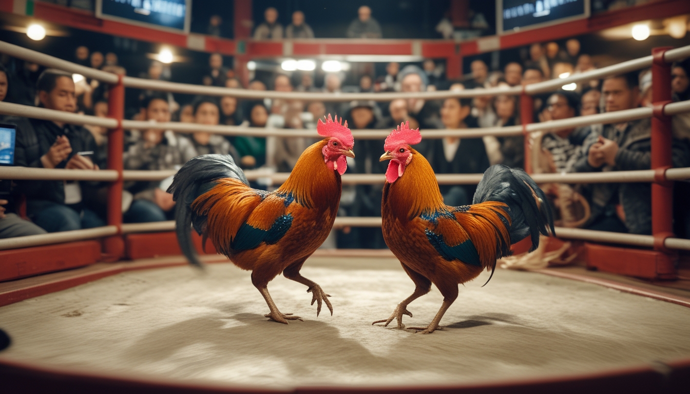 Dua ayam jantan sedang bertarung dalam arena sabung ayam dengan penonton yang memperhatikan di sekelilingnya.