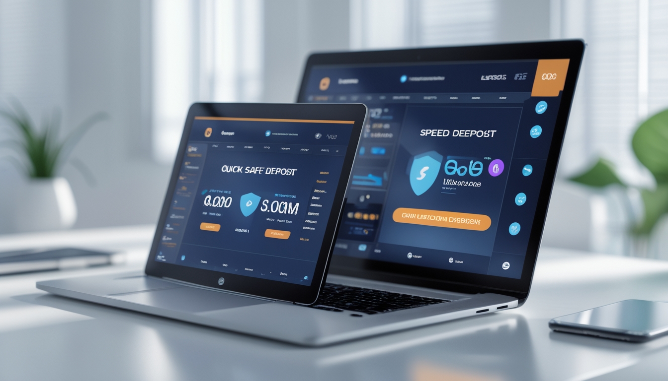 Seorang pengguna sedang melihat platform taruhan online yang aman dan cepat di laptop dan ponsel di ruang kerja yang terang.