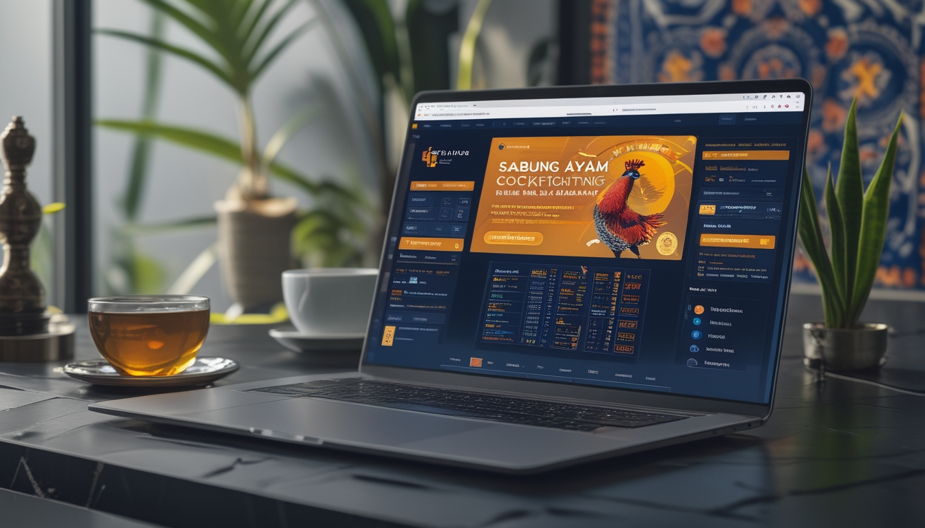 Seorang pengguna duduk di depan laptop dengan tampilan situs Sabung Ayam online, dikelilingi oleh elemen budaya Asia Tenggara seperti pola batik dan tanaman tropis.
