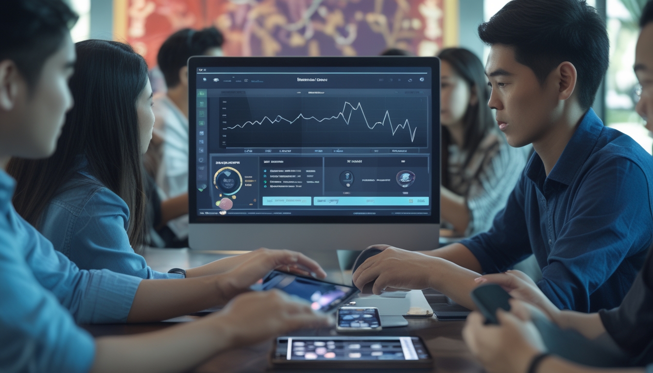 Orang-orang menggunakan perangkat digital untuk mengakses platform sabung ayam online dengan latar belakang elemen budaya Asia Tenggara.