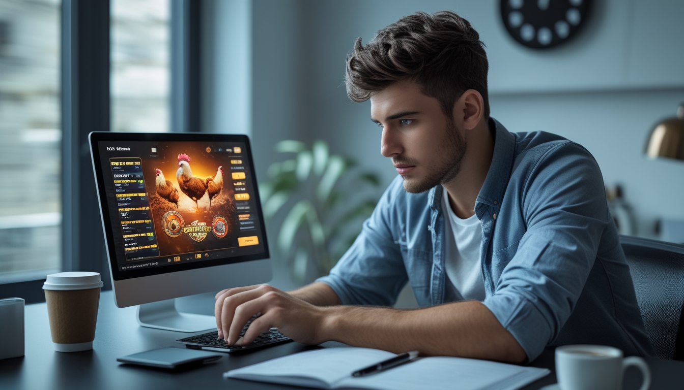 Seorang pria muda sedang fokus menggunakan laptop untuk bertaruh sabung ayam online di meja kerja dengan suasana malam hari.