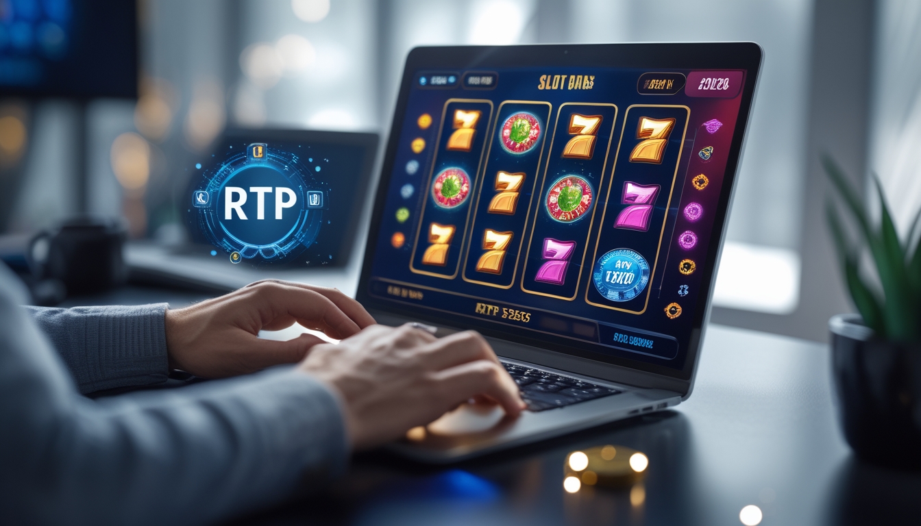Seorang pemain menggunakan komputer dengan layar menampilkan permainan mesin slot online yang berwarna-warni dan menarik.