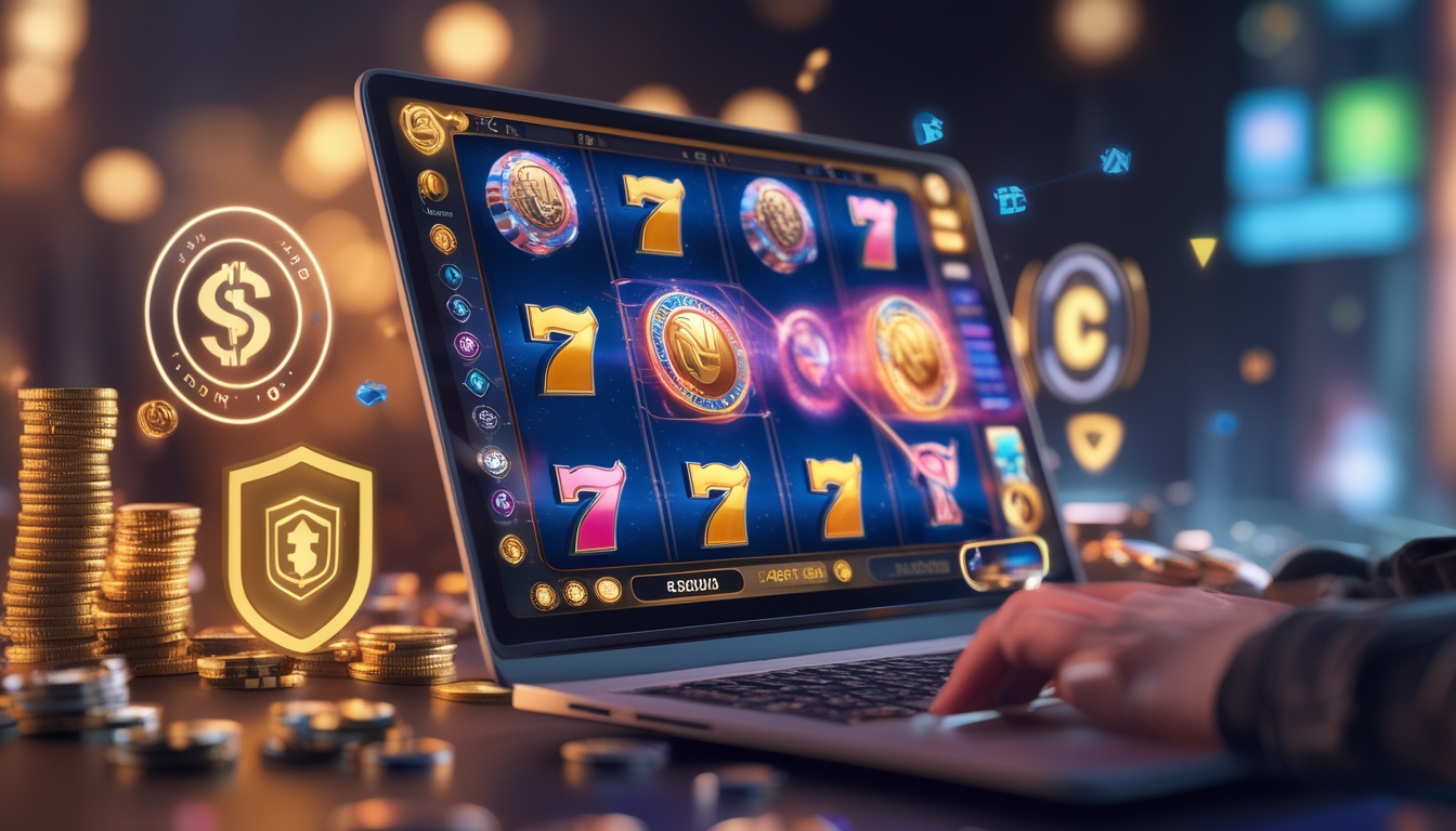 Seorang pemain menggunakan komputer dengan tampilan permainan slot online berwarna-warni dan simbol jackpot, dikelilingi ikon koin dan simbol keamanan.