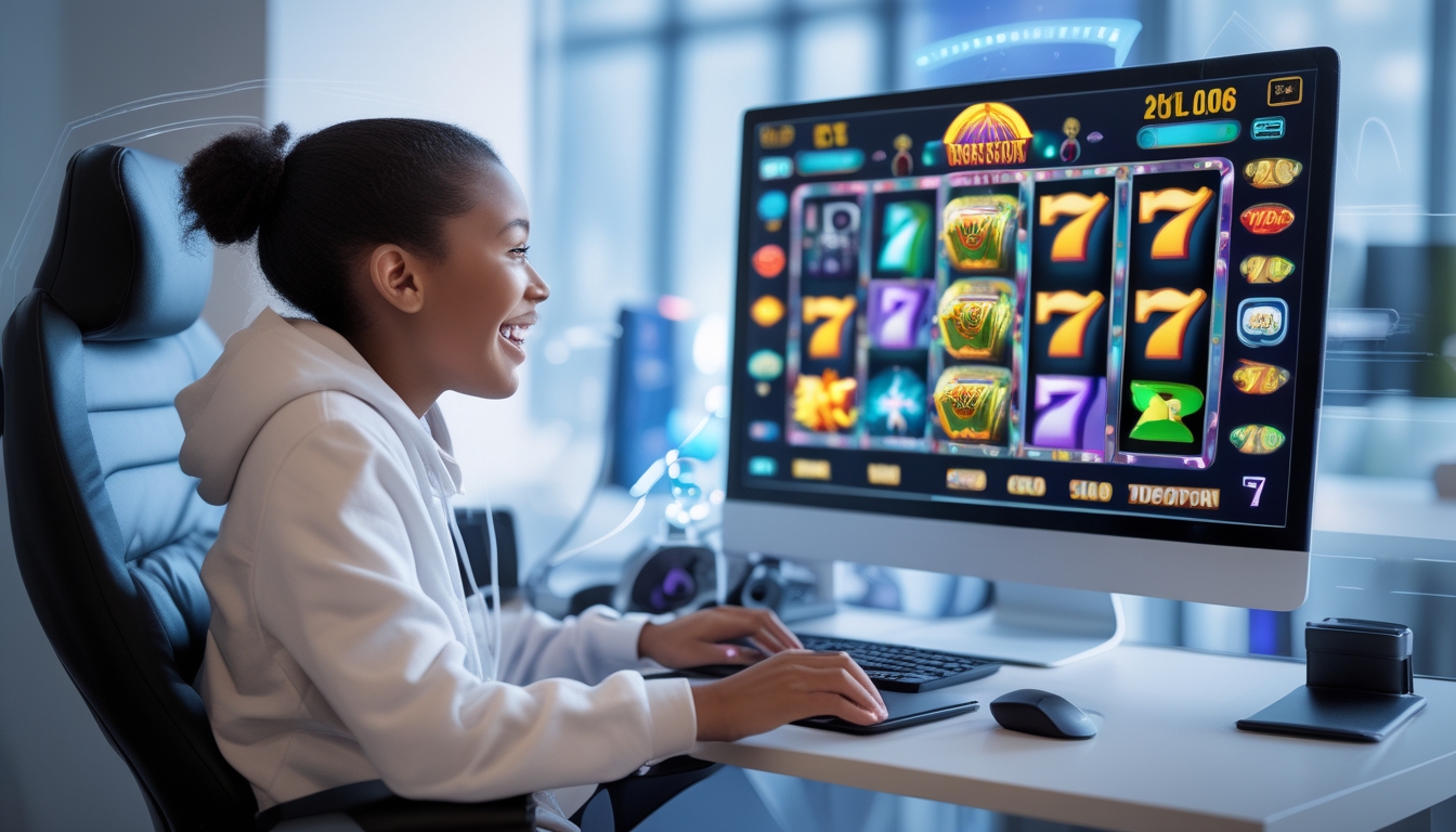 Seseorang sedang bermain permainan slot online di komputer dengan ekspresi semangat dan fokus.