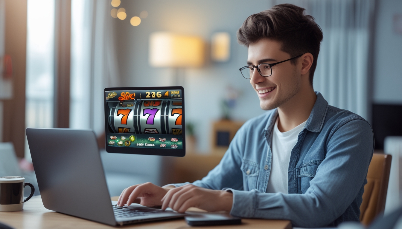 Seorang pemula sedang menggunakan laptop untuk bermain slot online di ruangan yang nyaman.