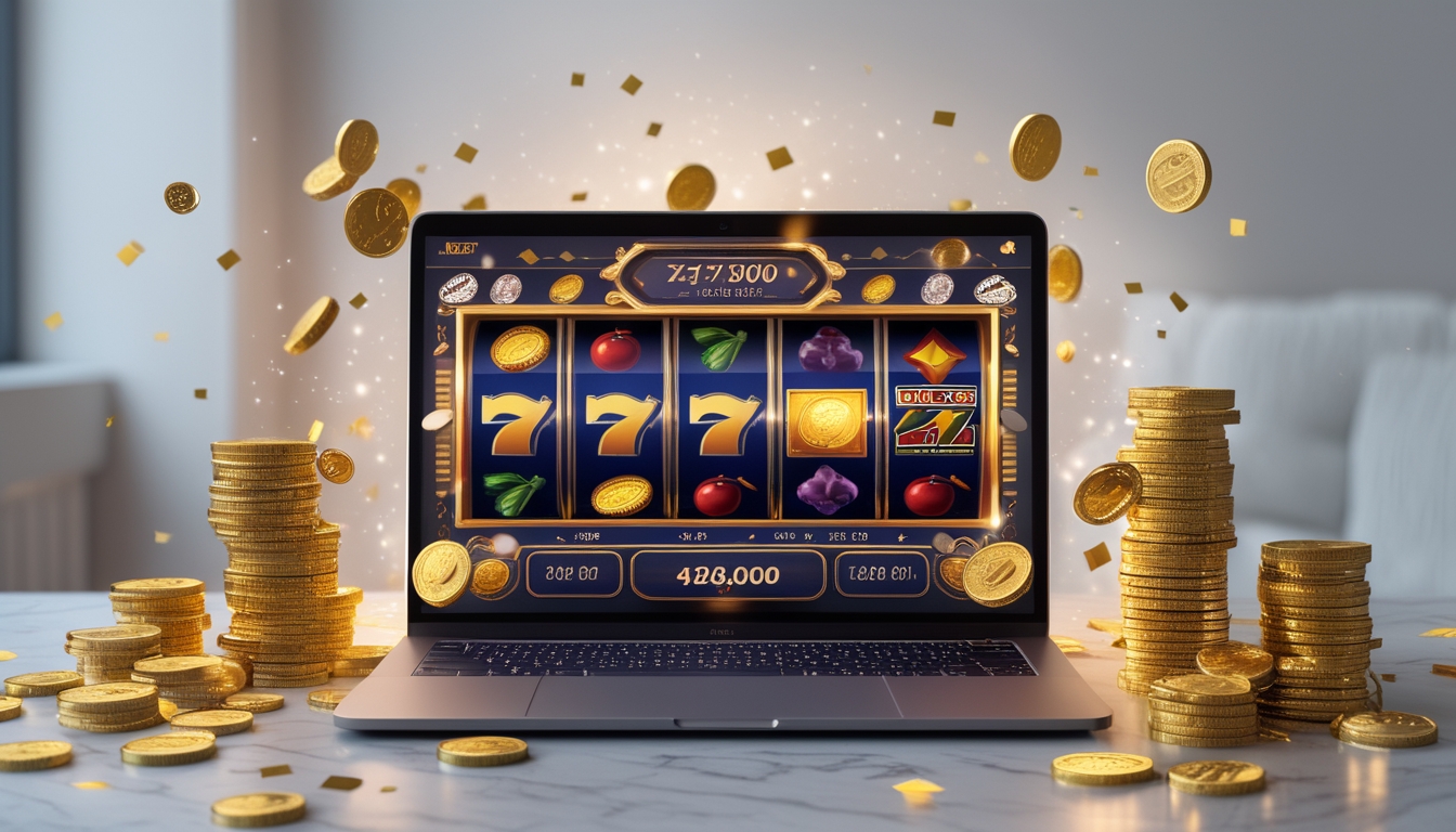 Sebuah laptop menampilkan permainan slot online dengan simbol buah dan koin emas, dikelilingi tumpukan koin dan dekorasi pesta di meja yang rapi.