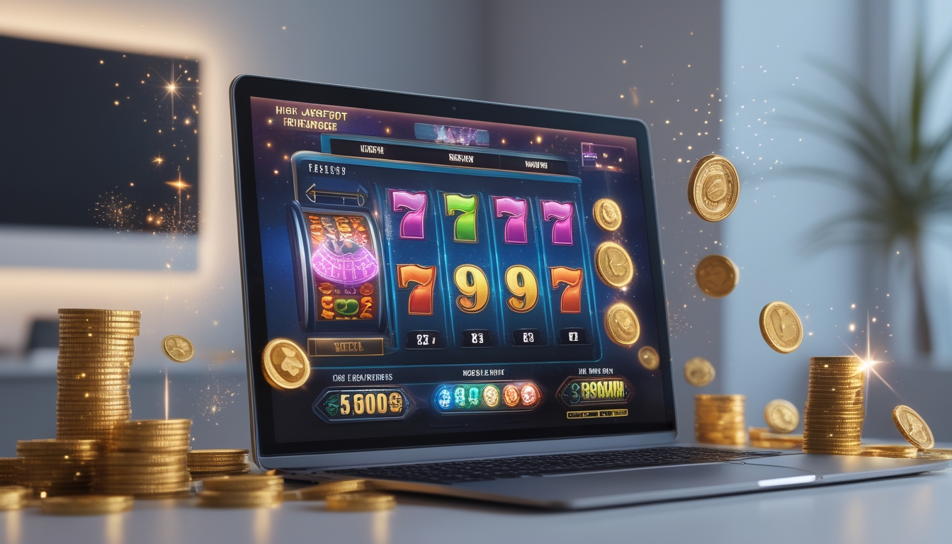 Layar komputer menampilkan permainan slot online dengan simbol jackpot dan koin emas di sekitarnya.